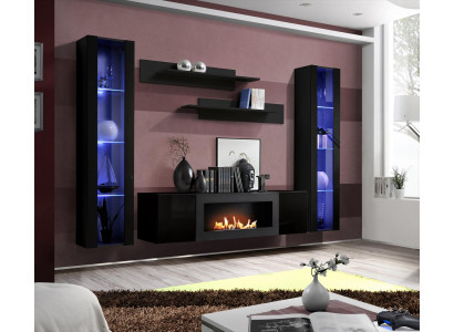 Complete Set 5-piece Luxury Living Room Wall Black Designer Hanging Display Cabinet Wooden Furniture