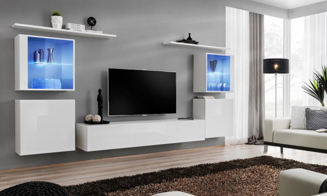 White living room furniture wall unit 2x wall shelves complete set luxury furnishings