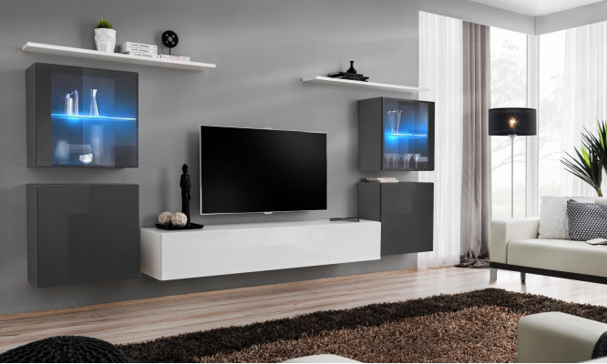 White wall unit high gloss designer wall cabinet wall shelves wood luxury furniture