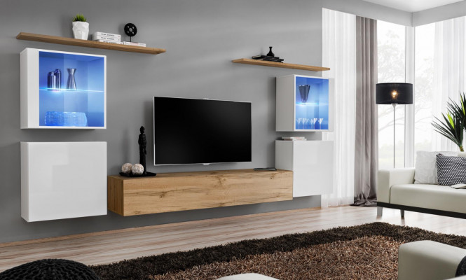 Complete Brown TV Stand Set, 4 pcs, Designer Living Room Furniture, Wall Shelves, Furniture