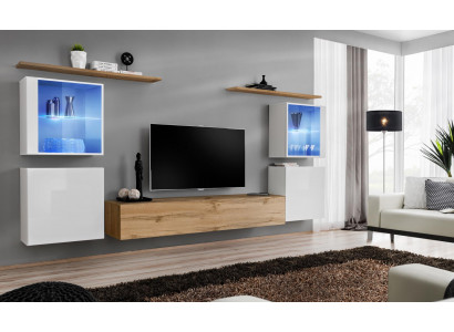 Complete Brown TV Stand Set, 4 pcs, Designer Living Room Furniture, Wall Shelves, Furniture