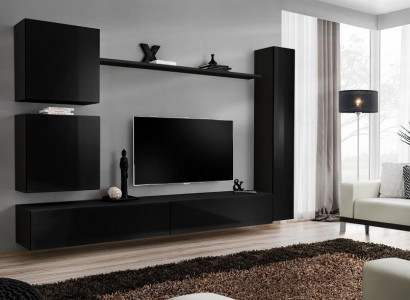 Luxury Black Living Room Wall Unit Designer Wall Cabinet Set 6 pcs Wooden Furniture Living Room Furniture