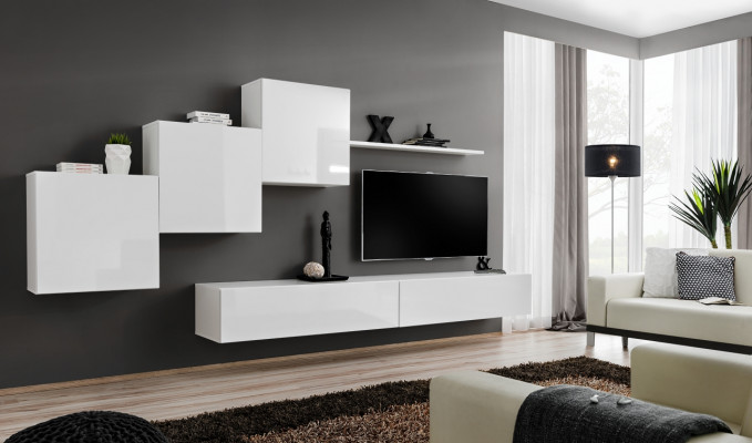 White living room wall TV stand, sideboard complete, modern living room shelves, wood new