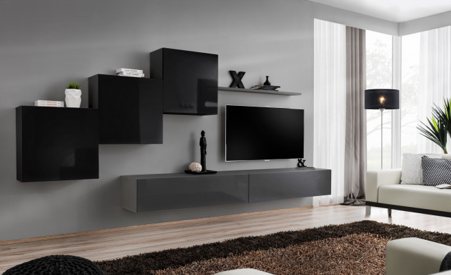 Living Room Set Wall Shelf TV Stand Gray Living Wall Luxury Cabinet Design 6-Piece New