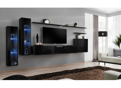 Black living room wall unit set, luxury wall shelf, display cabinet complete set.