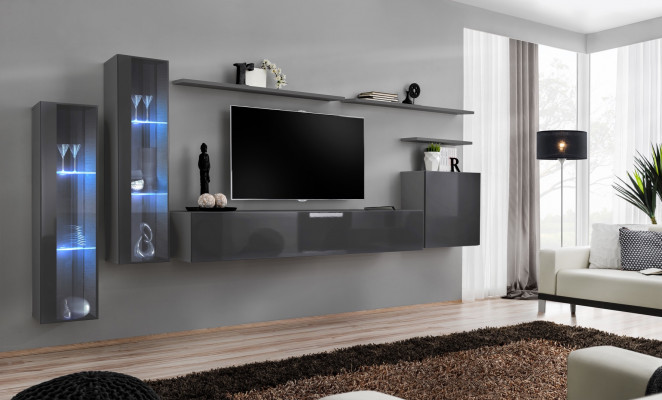 Gray Living Room Wall Unit Wall Shelf TV Stand Luxury Set Modern Furniture