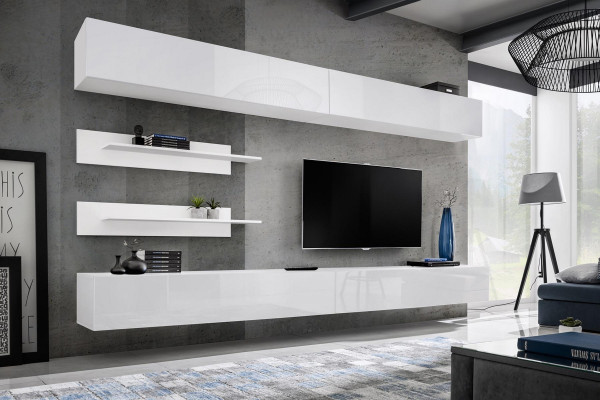 White Wall Unit Living Room Set 6 pcs Luxury Modern Wooden Furniture Wall Cabinet TV Stand