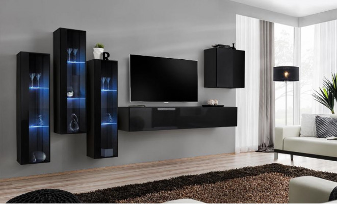 Black Living Room Set Display Cabinet Shelf 5-piece Furniture Set