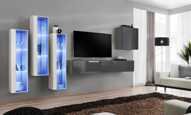 Modern grey high-gloss wall unit TV stand wooden furniture set