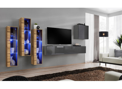Luxury Wall Unit Grey High Gloss TV Stand Designer Sideboard Living Room Set