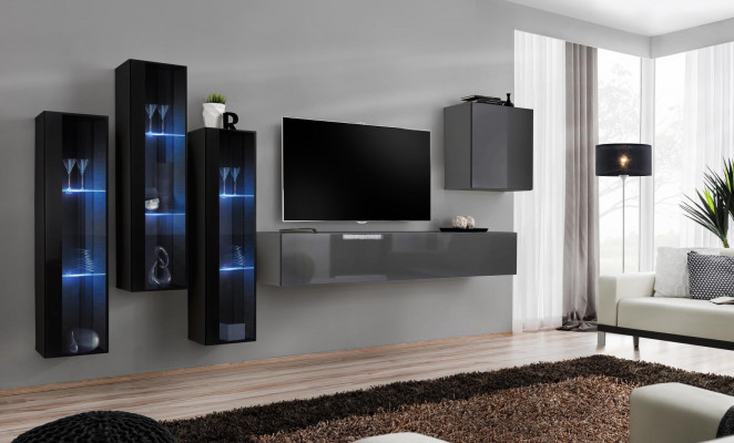 Designer Gray Living Room Wall Unit TV Stand Complete High Gloss Sideboard Wall Cabinet