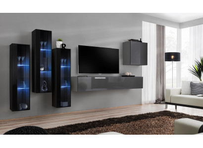 Designer Gray Living Room Wall Unit TV Stand Complete High Gloss Sideboard Wall Cabinet