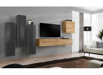 Modern living room wall unit set, 5-piece, gray wooden furniture, cabinet, TV stand, new