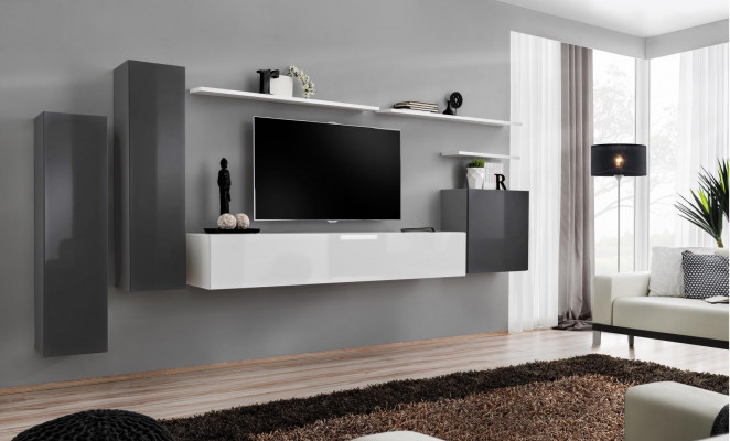 Living room wall unit, gray furniture, living room designer luxury TV stand, wood wall shelf complete