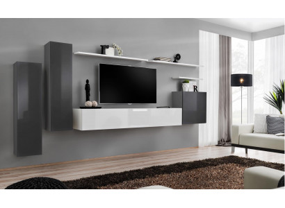 Living room wall unit, gray furniture, living room designer luxury TV stand, wood wall shelf complete