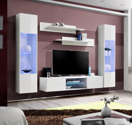 White living room wall unit with shelves, hanging showcase, complete living room designer