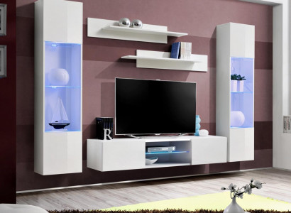 White living room wall unit with shelves, hanging showcase, complete living room designer