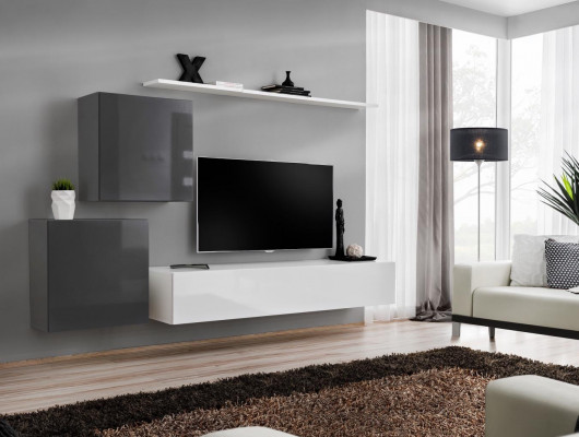 Living Room Wall Unit Set 4-piece Modern Style Lowboard Wall Shelf White Wall Cabinet