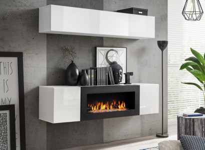 Wall-mounted sideboard cabinet 2-piece with fireplace cabinets black high gloss