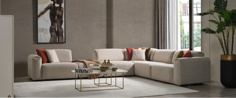 Beige living room sofa designer corner sofa L-shape luxury couch upholstered furniture
