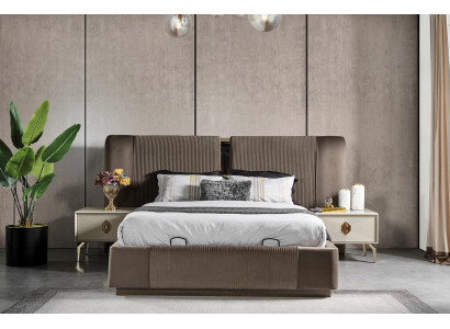 Brown bedroom set designer double bed 2 bedside tables luxury furniture
