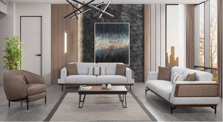 Gray-Brown Sofa Set 3+3+1 Seater Living Room Set + Luxury Coffee Table