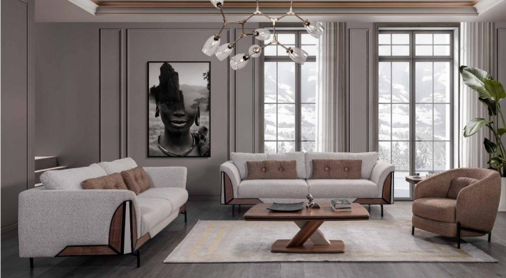 Brown-Gray Sofa Set 3+3+1 Coffee Table Complete Living Room Set