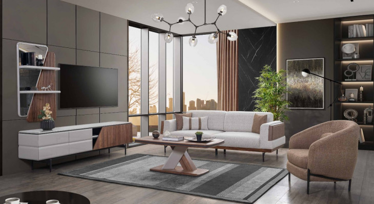 Modern living room set 3-seater coffee table TV stand wall shelf 5-piece