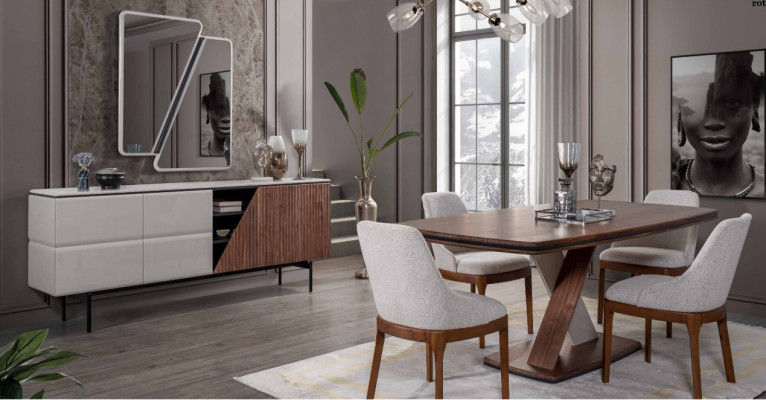 Brown-Grey Dining Room Set Dining Table 4x Chairs Sideboard Mirror 7 pieces