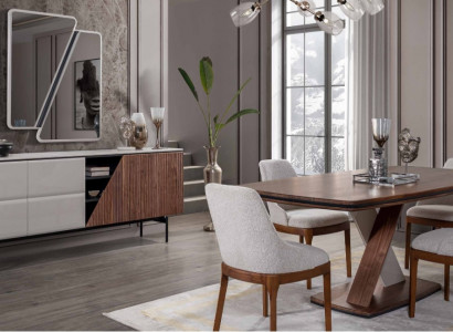 Brown-Grey Dining Room Set Dining Table 4x Chairs Sideboard Mirror 7 pieces