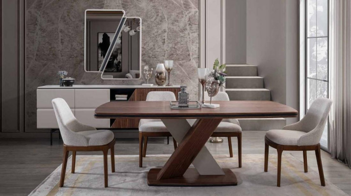 Brown-Grey Dining Room Set Dining Table 4x Chairs Sideboard Mirror 7 pieces