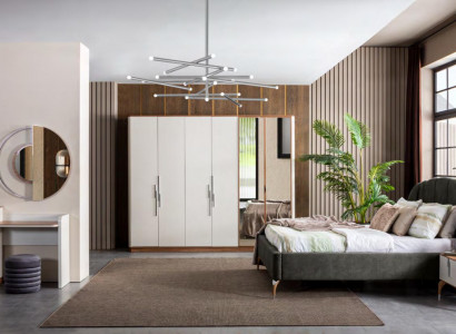 Modern bedroom set with bed, 2 nightstands, dressing table with mirror, wardrobe, new.