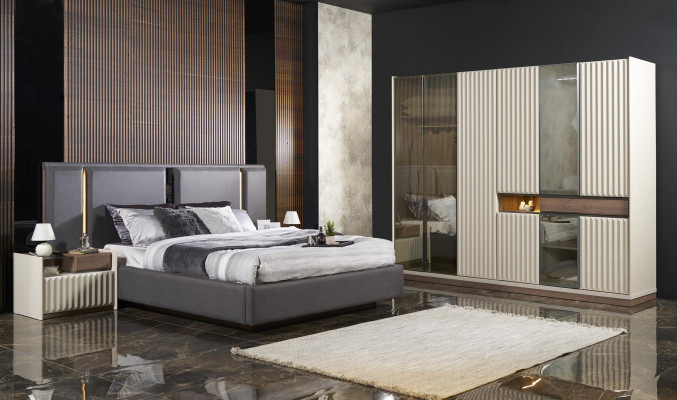 Modern complete bedroom furniture set bed 2x nightstand wardrobe 4-piece