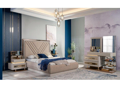 Double Bed Complete Bedroom Set Beige 4-Piece Wood Dressing Table