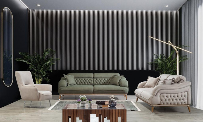 Modern living room complete set: 2x three-seater sofa, designer armchair, furnishings