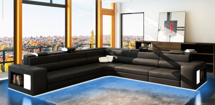 Leather sofa with USB, corner sofa seat upholstery XXL large (wicker) white living area