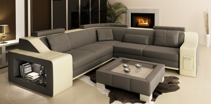 Sectional leather and fabric sofa with USB upholstery, living room landscape L-shaped set seating Isching