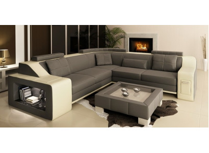 Sectional leather and fabric sofa with USB upholstery, living room landscape L-shaped set seating Isching