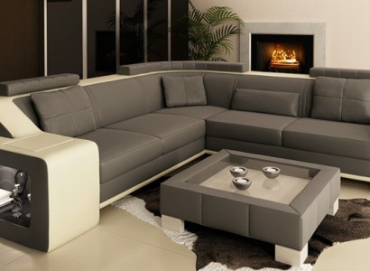 Sectional leather and fabric sofa with USB upholstery, living room landscape L-shaped set seating Isching