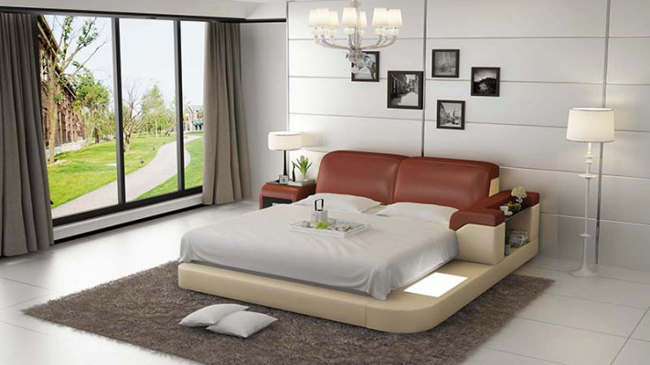 Design Bed XXL Big Beds Leather Upholstery Hotel 200x200cm Multifunction Shelf USB
