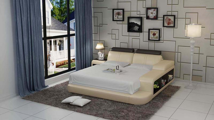 Design upholstered double bed, modern beds bedroom with USB & shelf 180x200cm