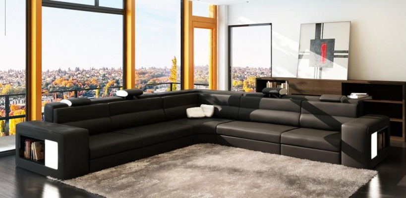 Leather sofa couch corner sofa seat upholstery living landscape XXL Big Weiden Black