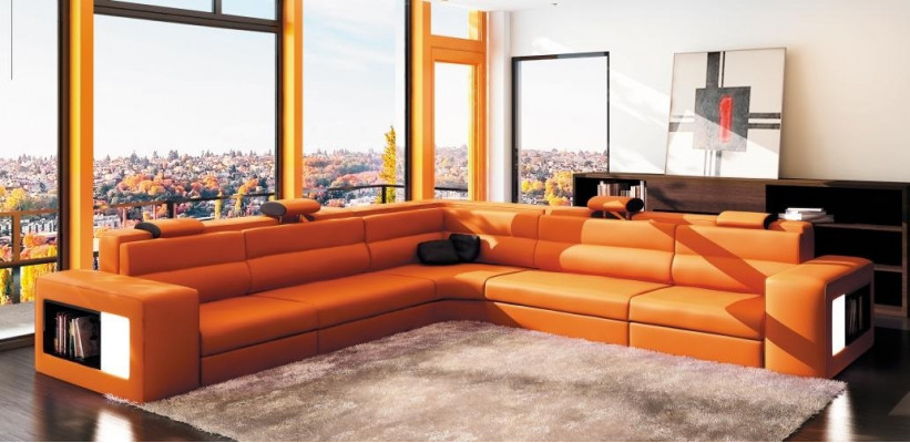 Leather sofa, sofa, couch, corner sofa, seat, cushion, living landscape, XXL, big, willow orange