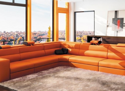 Leather sofa, sofa, couch, corner sofa, seat, cushion, living landscape, XXL, big, willow orange