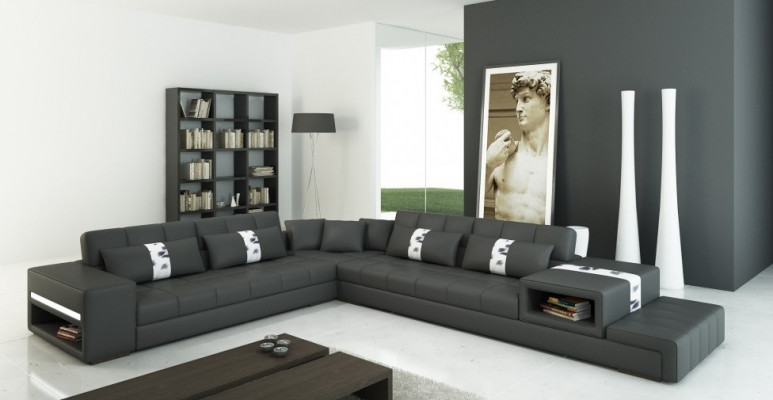 Modern living experience L-shaped corner sofa in dark gray with stylish faux leather upholstery