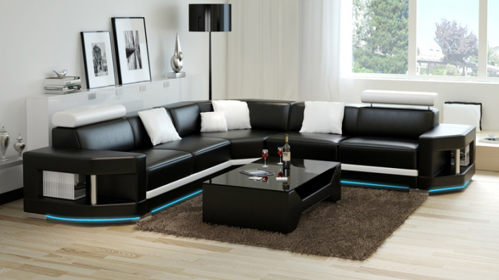 Leather sofa, modern couch, living area, corner sofa, suite, decor design.