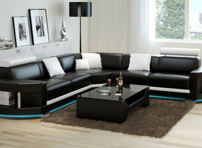 Leather sofa, modern couch, living area, corner sofa, suite, decor design.