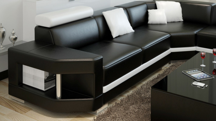 Leather sofa, modern couch, living area, corner sofa, suite, decor design.