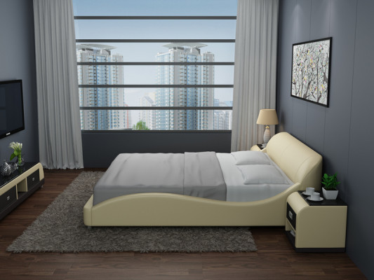 Design upholstered double bed modern beds bedroom with USB & shelf 200x210 cm