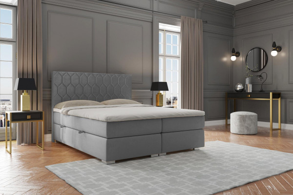 Box spring bed hotel double 180x200cm luxury beds upholstery function box gray